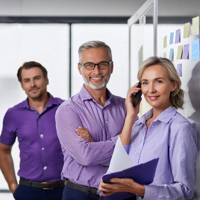 Drei Mitarbeiter von KRACH Arbeitnehmerüberlassung stehen in einem Büro, eine telefoniert die anderen betreuen Kunden und Mitarbeiter.