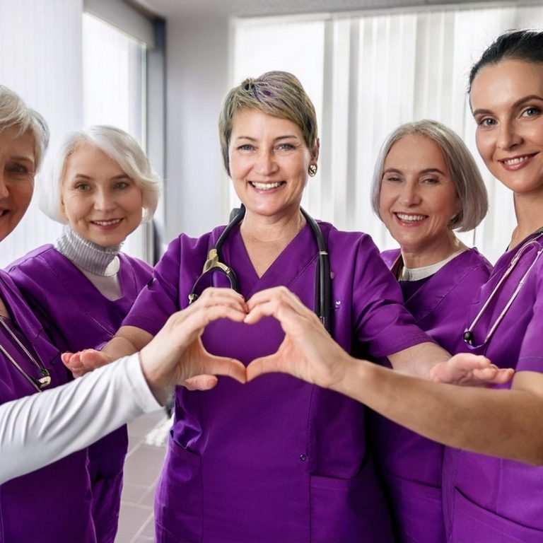 Fünf Frauen in lila Uniformen von KRACH Arbeitnehmerüberlassung bilden mit ihren Händen ein Herz.
